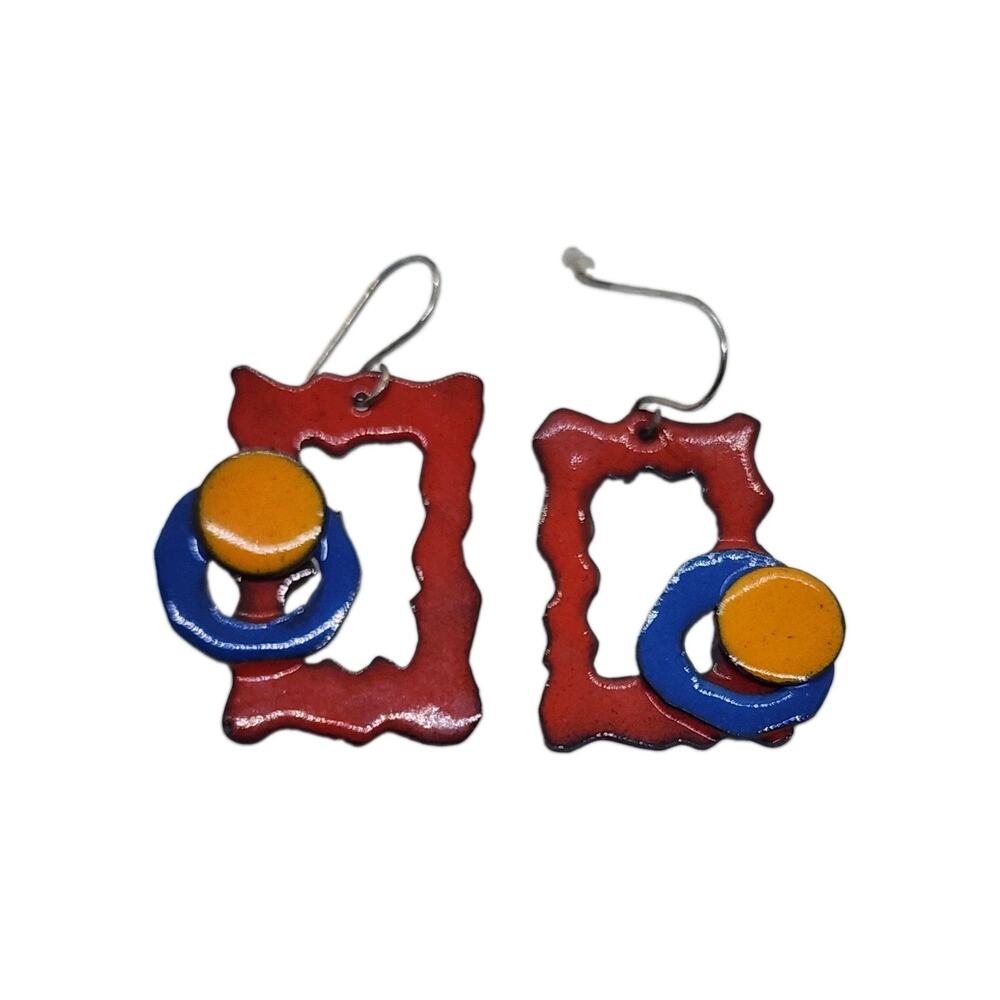 Vintage MCM Style 1970s Copper Enamel Earrings Artistic Colorful Fun